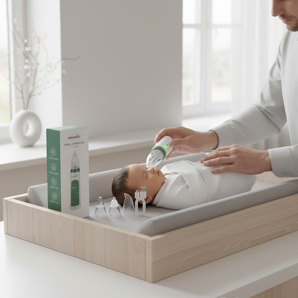 VALMORA electric nasal aspirator being used by a father on his baby. Includes silicone tips and USB charger.