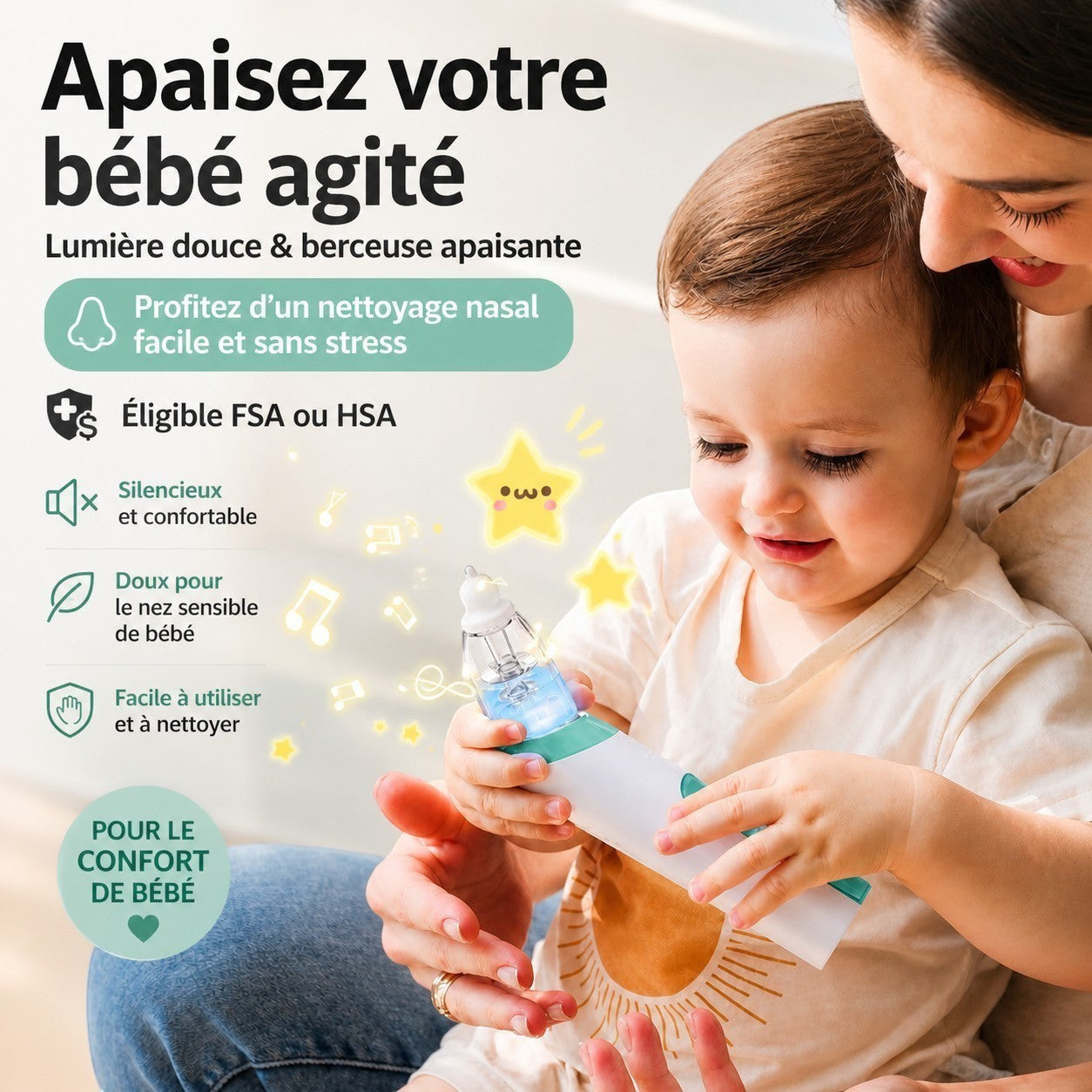 VALMORA electric nasal aspirator with soft silicone tip, gentle for baby's nose, easy to use and clean.