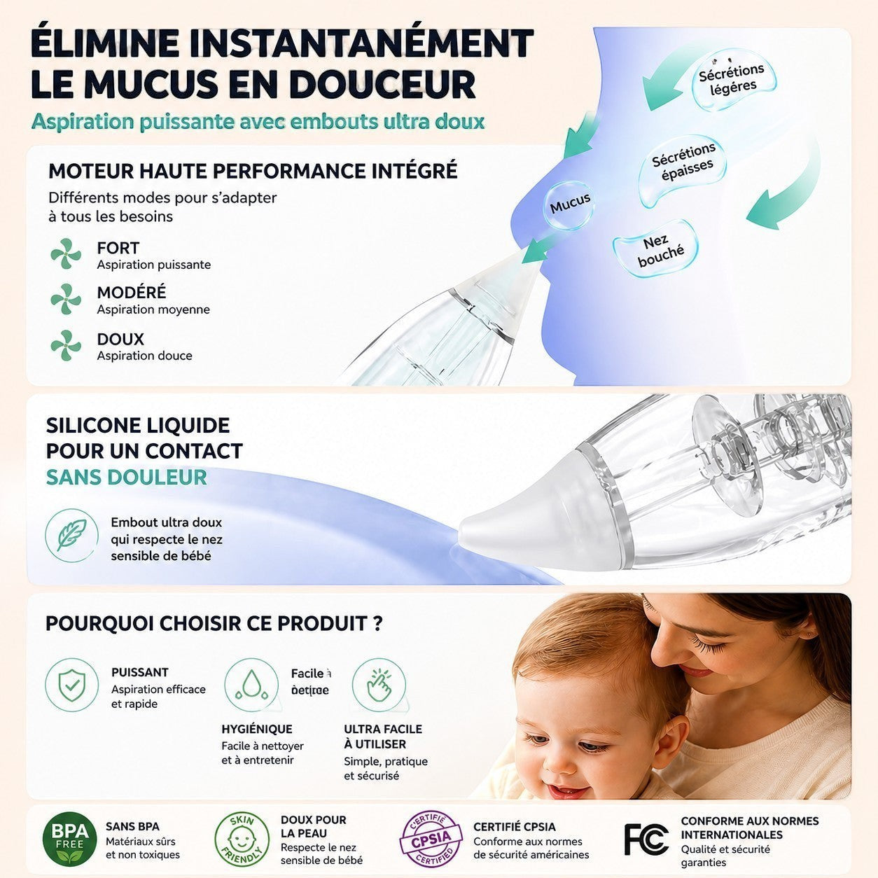 VALMORA electric nasal aspirator with soft silicone tips for babies, featuring 3 suction modes and USB charging.