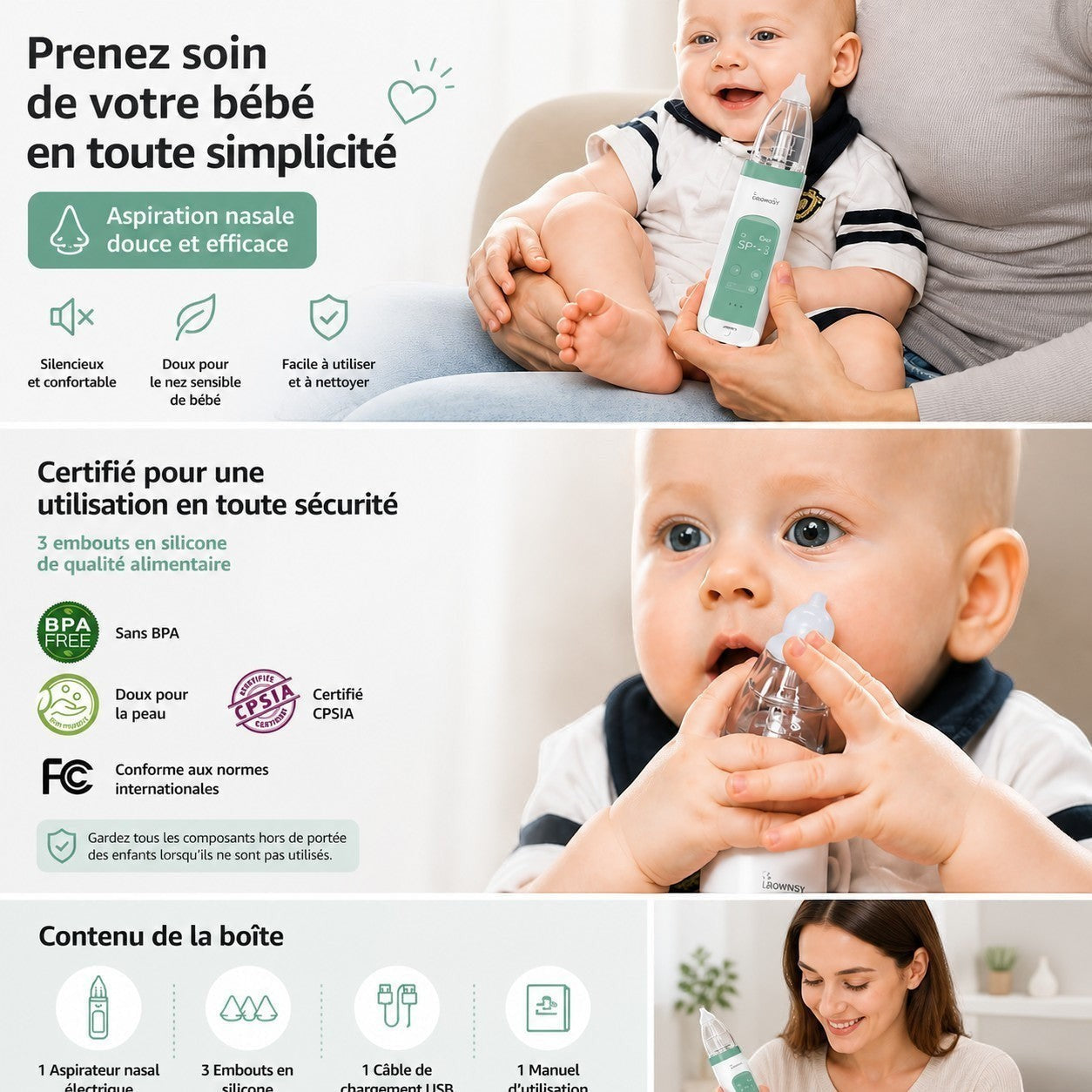 VALMORA electric nasal aspirator for babies, white and green, with soft silicone tip for gentle, effective suction. BPA-free.