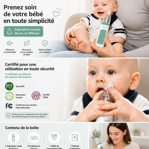 VALMORA electric nasal aspirator for babies, white and green, with soft silicone tip for gentle, effective suction. BPA-free.