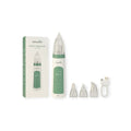 VALMORA electric nasal aspirator cleaner with three silicone tips and USB charging cable. White and green device with digital display.
