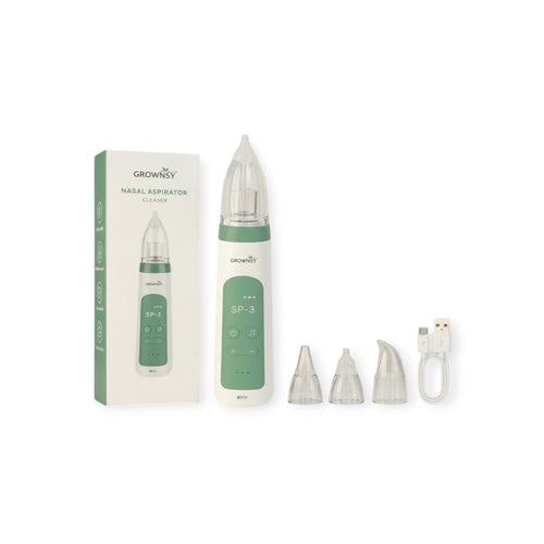 VALMORA electric nasal aspirator cleaner with three silicone tips and USB charging cable. White and green device with digital display.