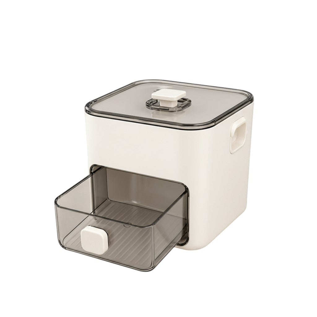 VALMORA white ice cream maker with a transparent grey pull-out drawer and lid, ideal for making homemade frozen desserts.