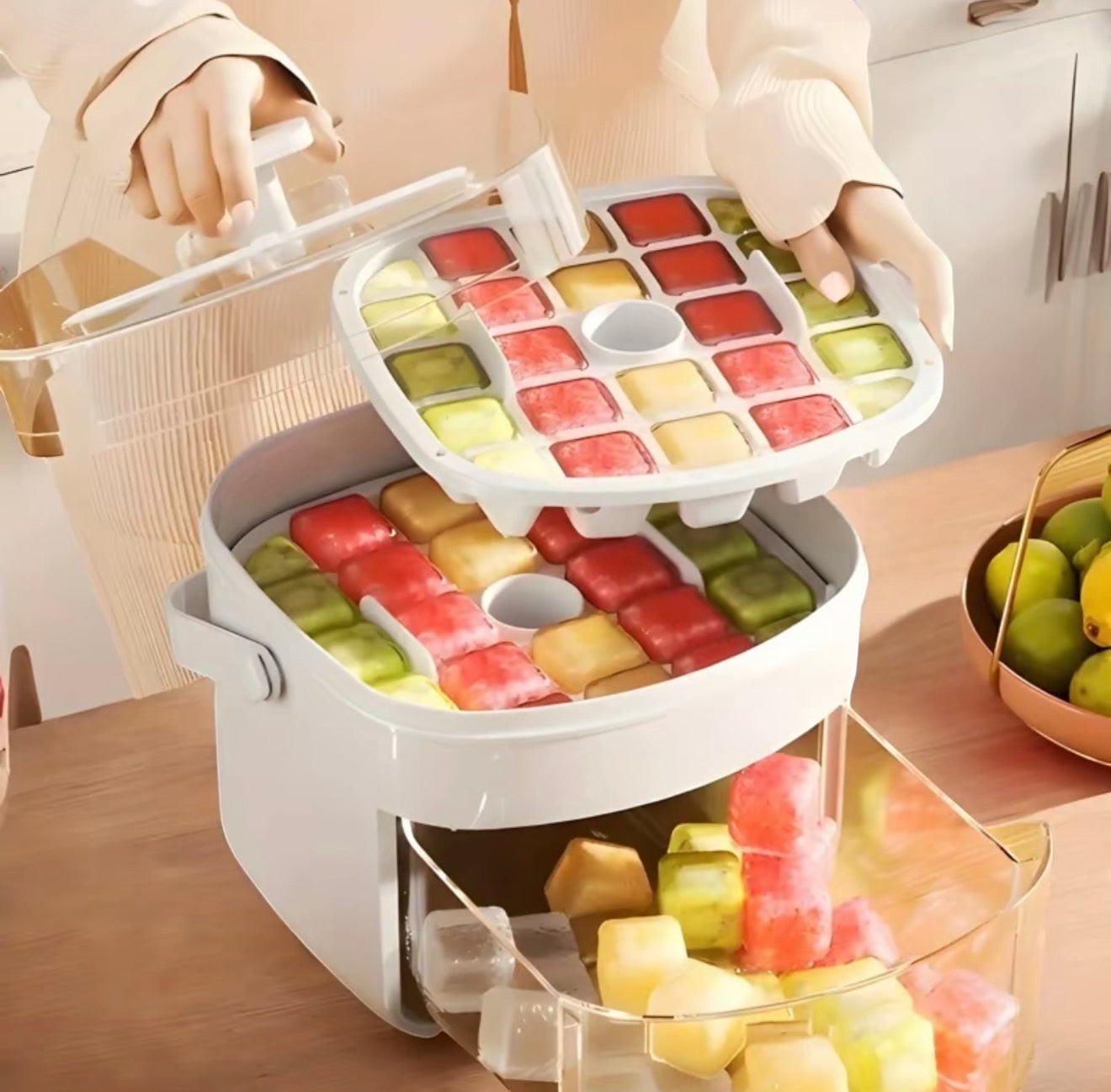 VALMORA ice cube maker with red, yellow, and green ice cubes stacked in two trays and a clear bin.