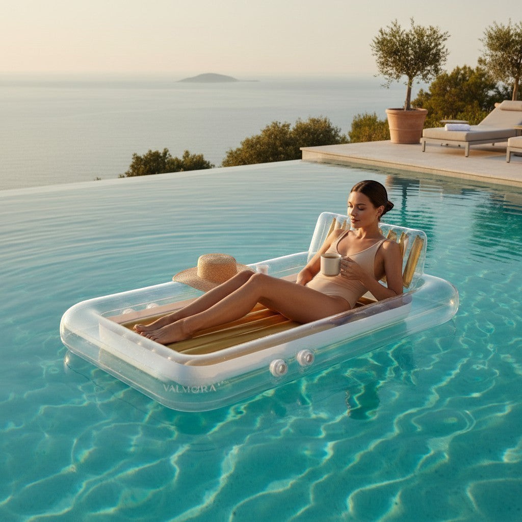 VALMORA clear inflatable pool float with built-in headrest and cup holders, a woman relaxes on it in a pool.