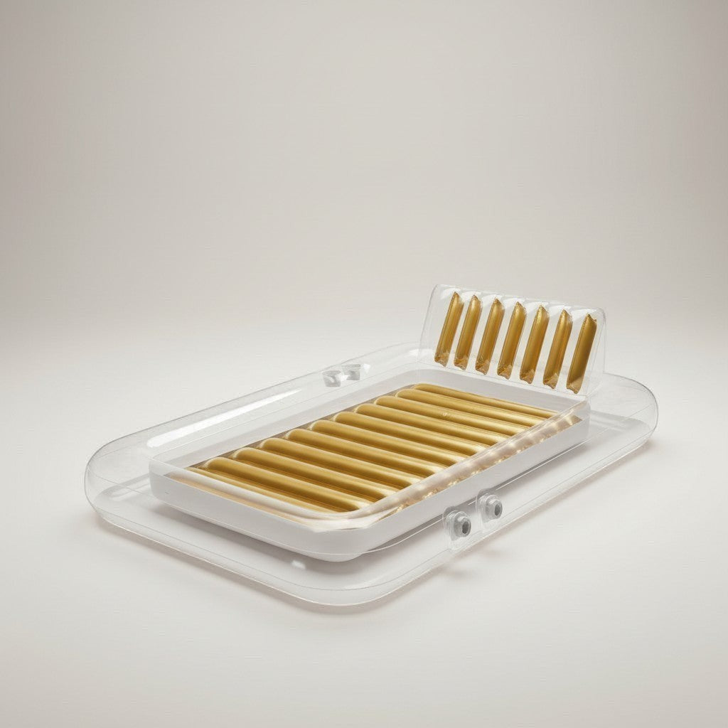 VALMORA transparent inflatable pool lounger with gold interior, featuring a headrest and cup holders. Ideal for tanning and relaxation.
