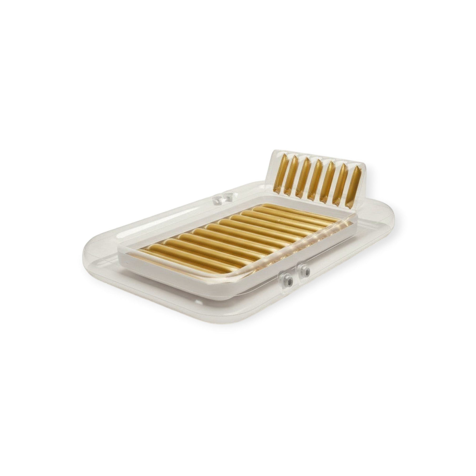 VALMORA transparent inflatable pool lounger with gold interior, headrest, and cup holders. Perfect for tanning and relaxing.