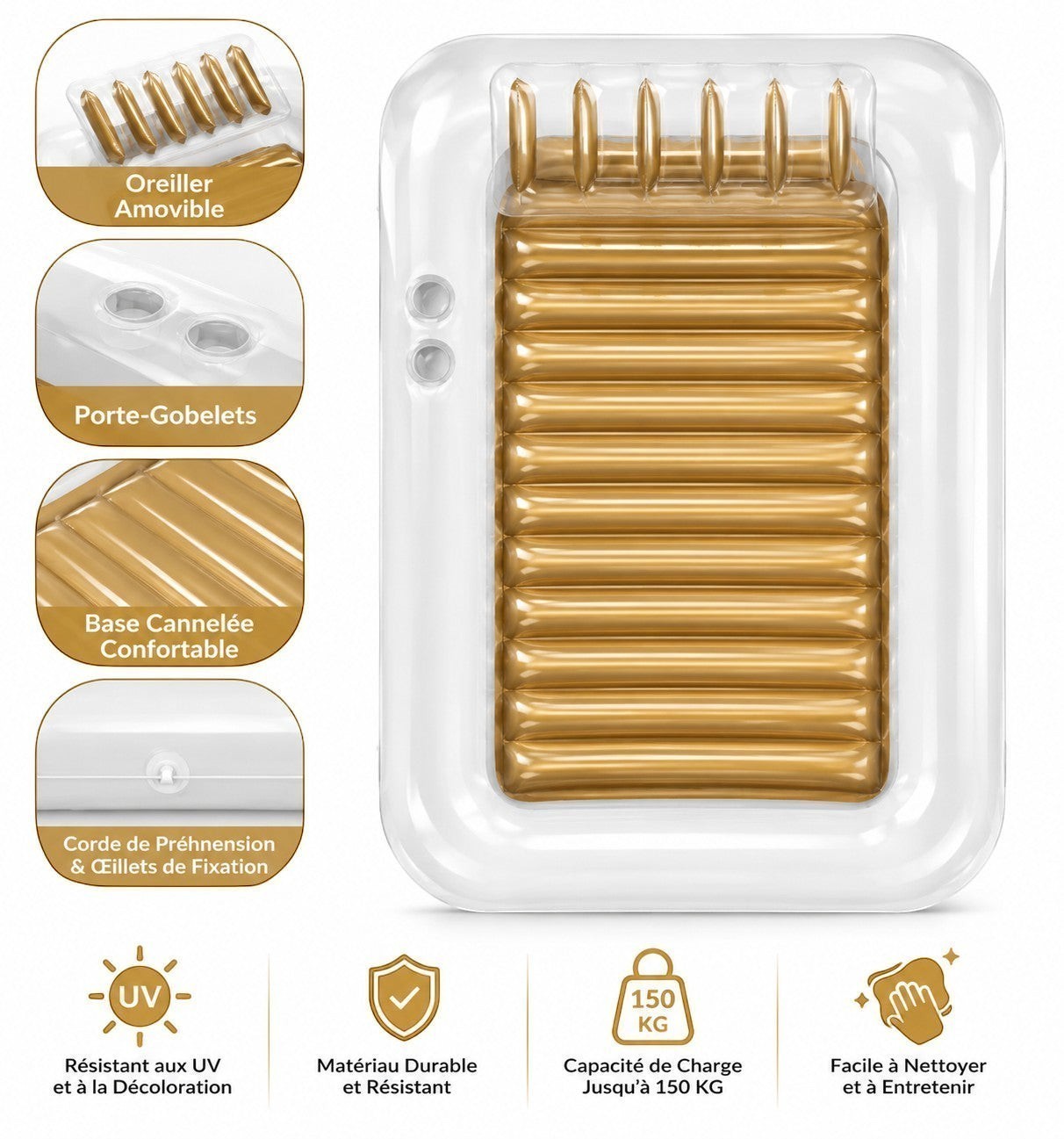 VALMORA inflatable tanning pool with gold ribbed interior, white border, built-in cup holders, and removable headrest. Supports up to 150kg.