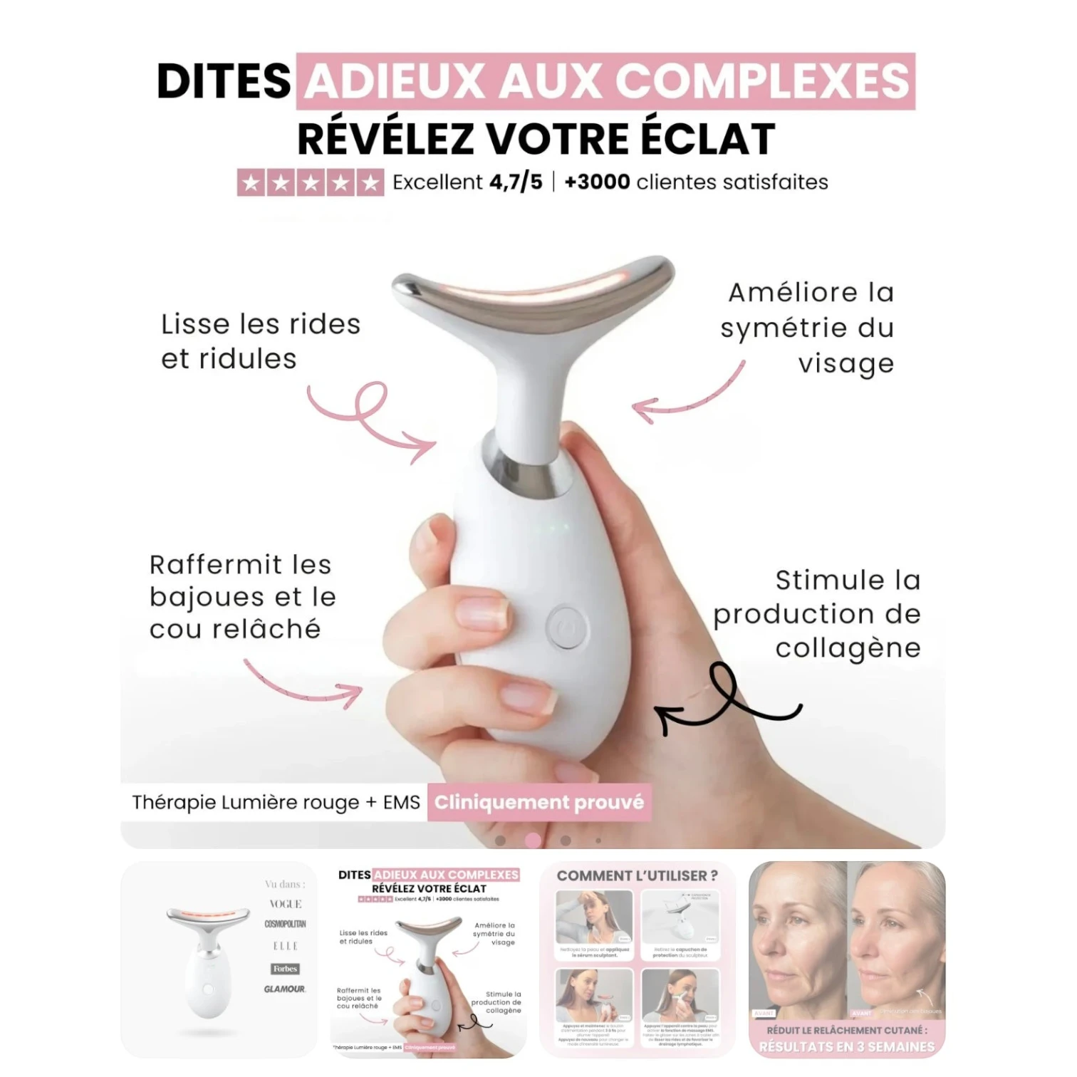 VALMORA white LED facial sculptor device with silver accents, held by a hand, promoting skin firming and wrinkle reduction.