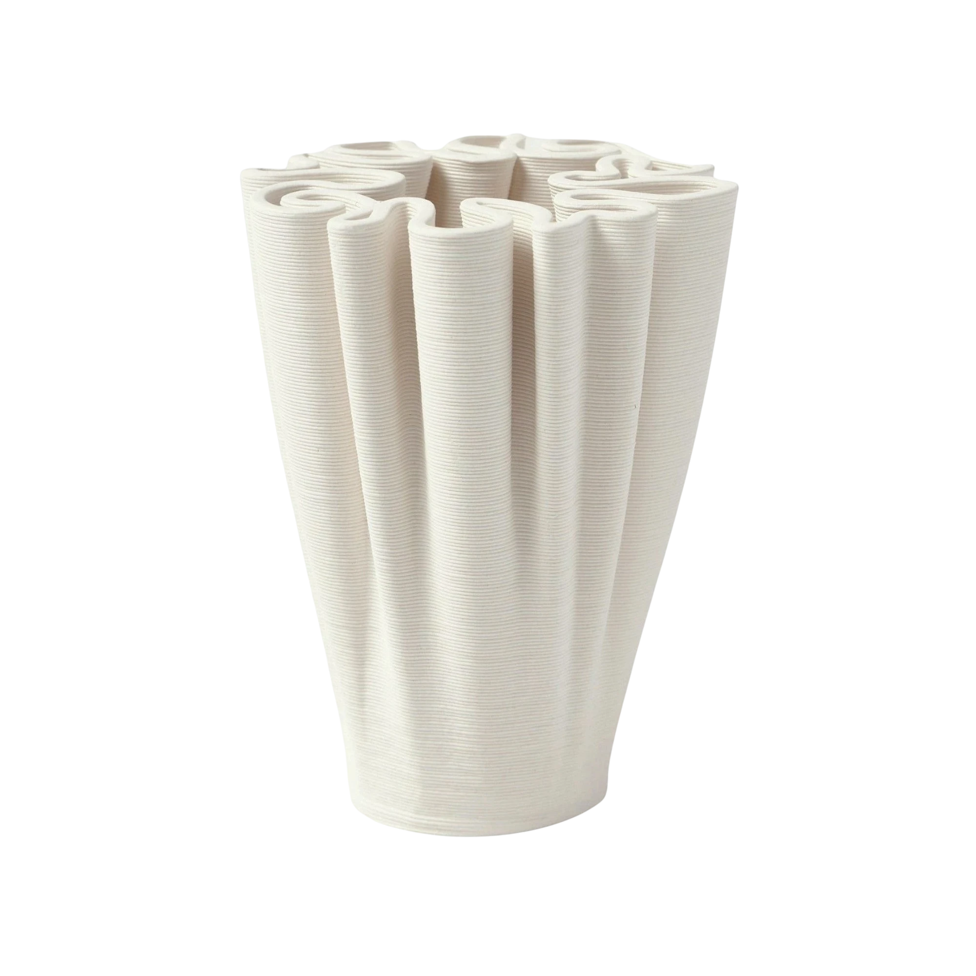 VALMORA off-white ceramic sculptural vase with a fluted design and modern artistic flair.