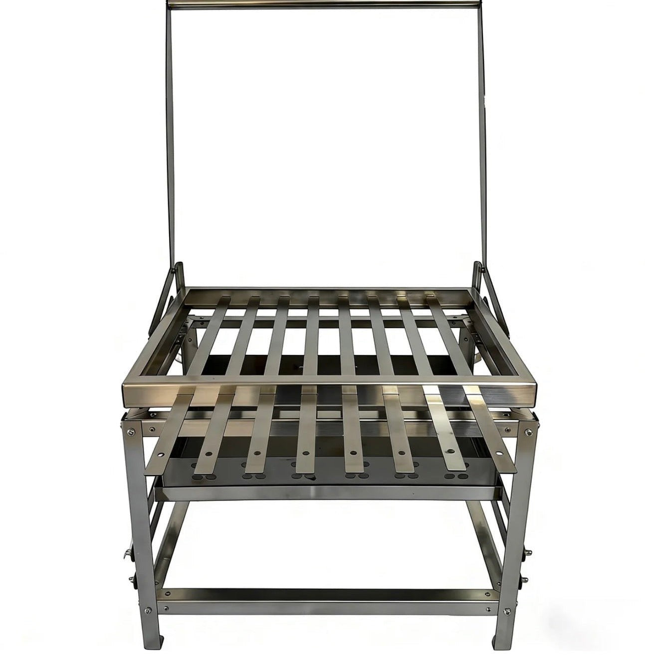 VALMORA stainless steel portable grill with adjustable height charcoal tray and rotating skewer rack, perfect for outdoor cooking.