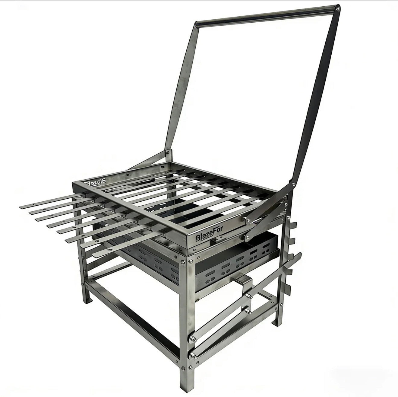 VALMORA stainless steel portable grill with 16 skewers, adjustable charcoal height, and easy rotation system for outdoor cooking.