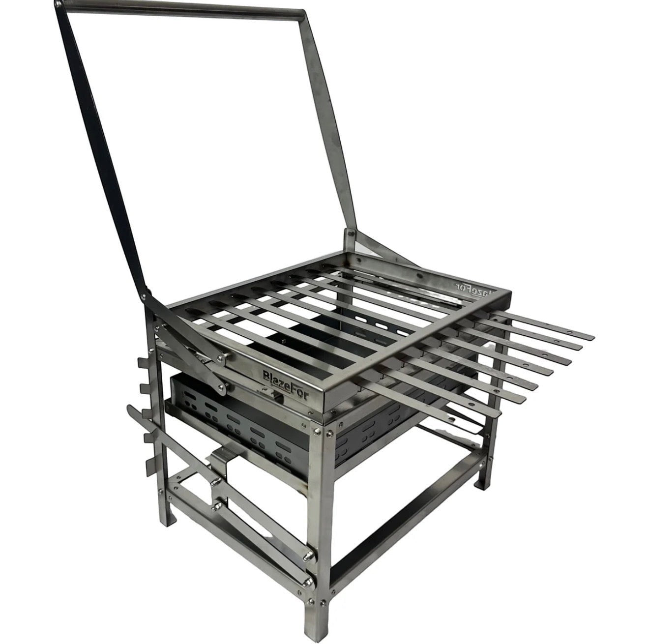 VALMORA stainless steel portable grill with skewers, featuring adjustable charcoal height and a rotating system for even cooking. Ideal for outdoor use.