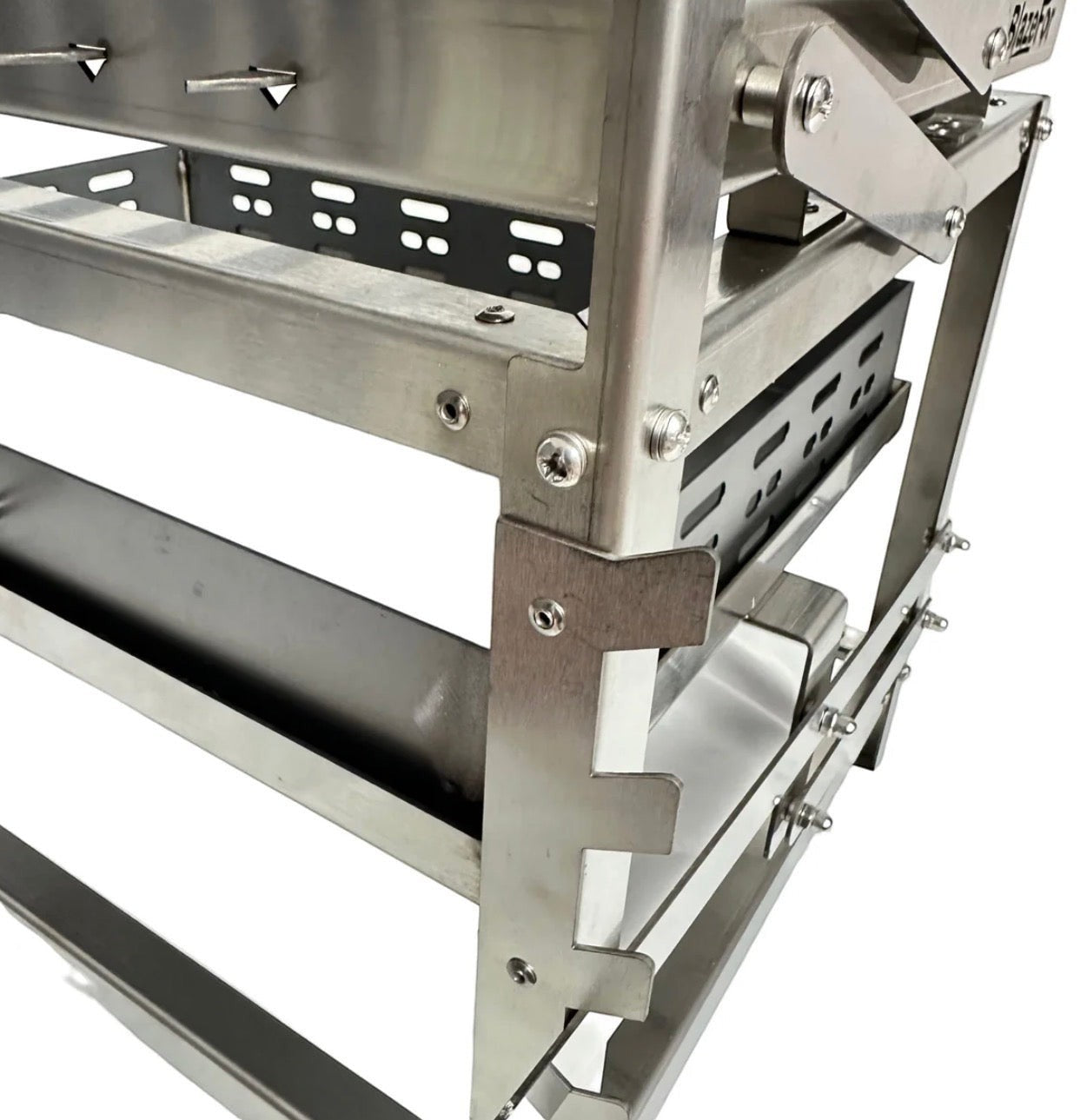 VALMORA stainless steel portable grill with skewers, featuring adjustable charcoal height and a rotating system for even cooking. Ideal for outdoor use.