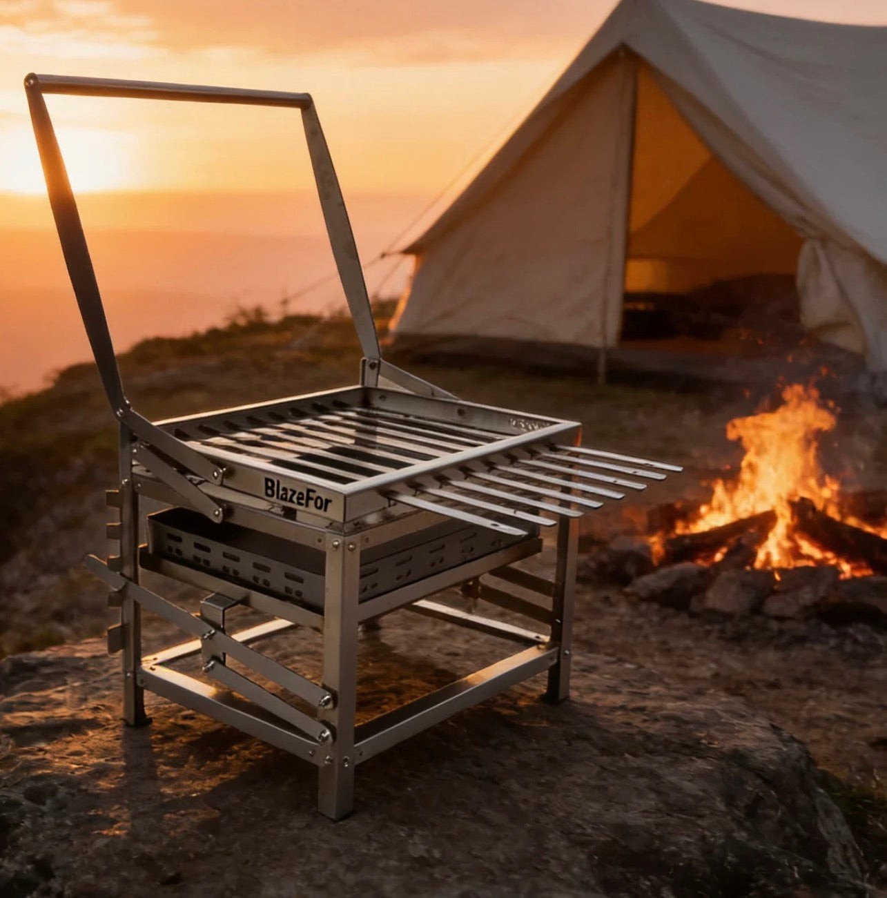 VALMORA stainless steel portable grill with skewers, adjustable charcoal height, and easy rotation system, set up outdoors by a campfire and tent at sunset.