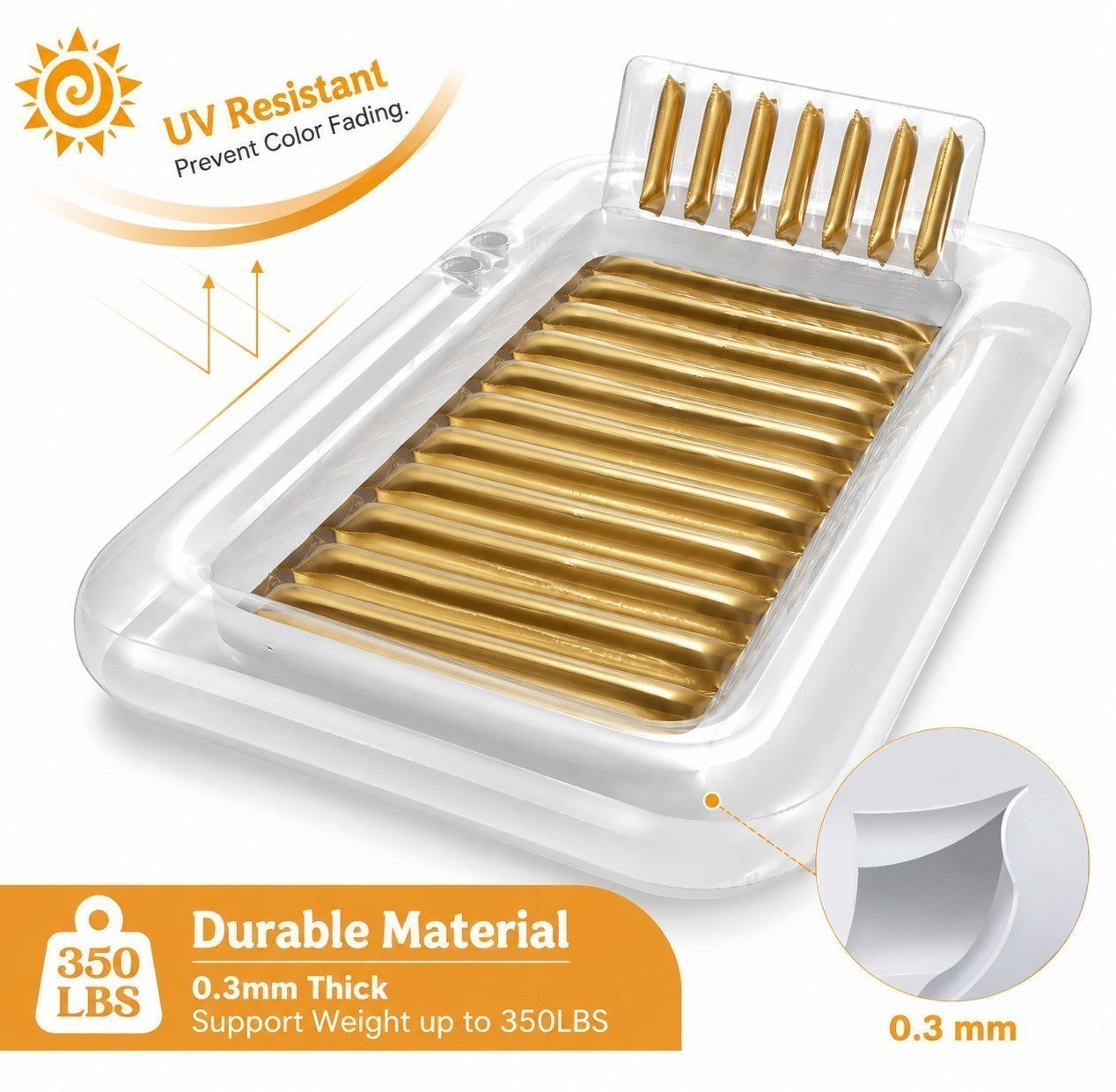 VALMORA transparent inflatable pool float with gold interior, headrest, and cup holders. UV resistant and durable.