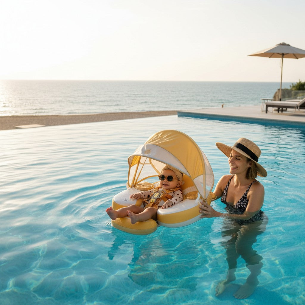 VALMORA yellow and white baby swim float with sunshade, adjustable harness, and a baby wearing sunglasses.